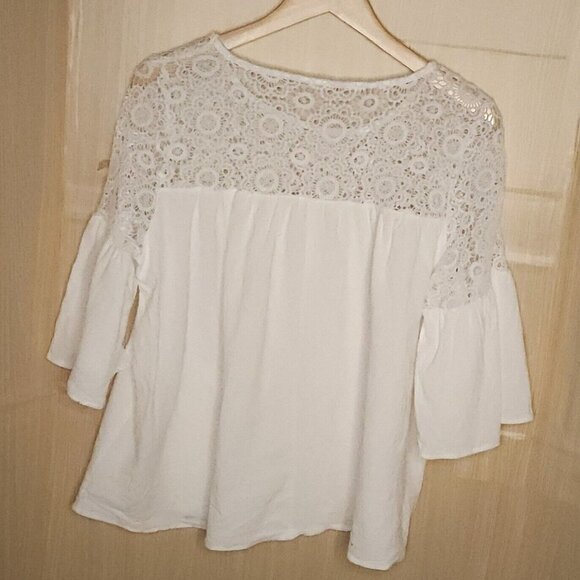 Emry Rose Womens White Cotton Gauzy Crochet Boxy Bell Sleeve Top Medium - Picture 2 of 7